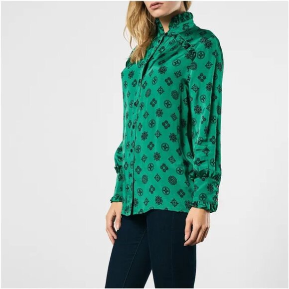 Suzie Winkle Katie Button Down Shirt Top Blouse Womens 36 Small Green Black - Picture 3 of 15